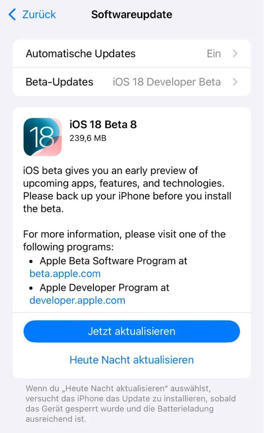 彰武苹果手机维修分享苹果 iOS / iPadOS 18 开发者预览版 Beta 8 发布 